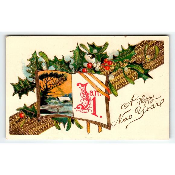 Vintage 1907-1915 New Year Postcard Jan 1 Holly & Winter Scene Litho - Picture 1 of 2